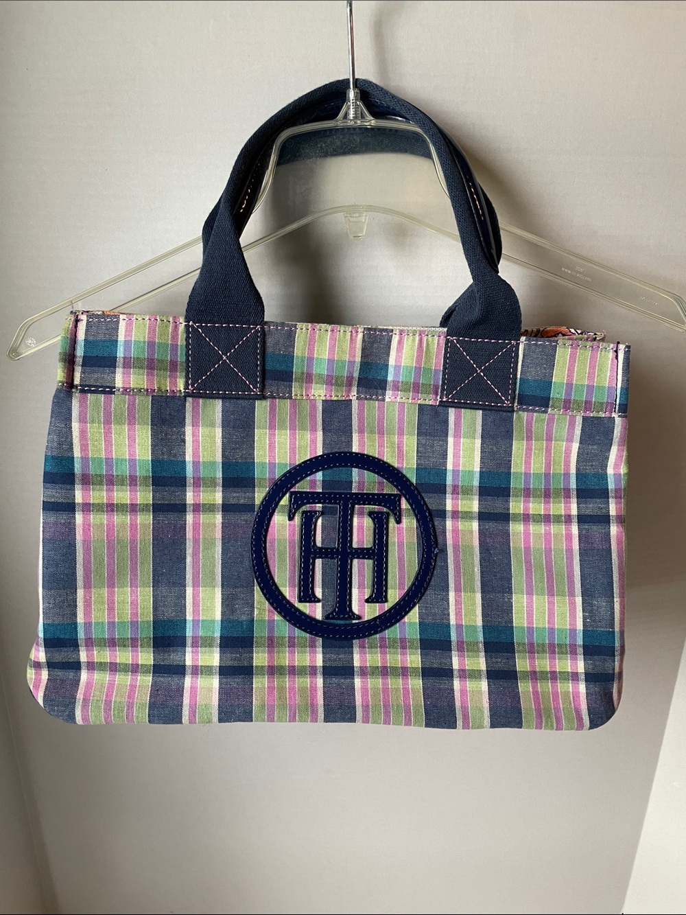 Tommy Hilfiger Plaid Canvas Tote in Navy, Pink, Green and Cream
